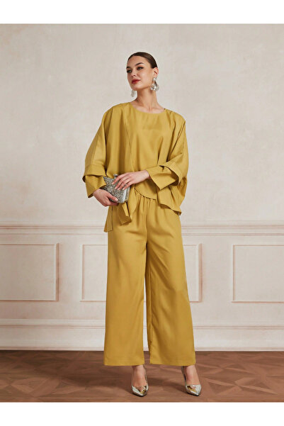Take Two By Styli Mustard Asymmetric Hem Top and Wide Leg Pants Co-Ords
