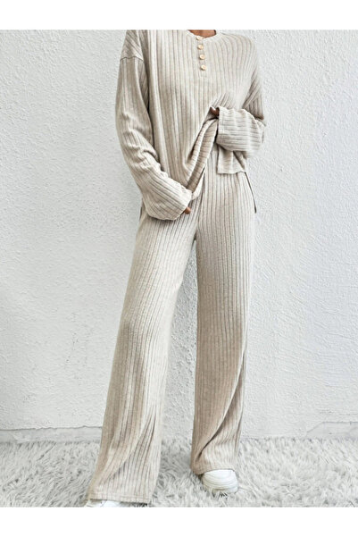 Take Two By Styli Beige Ribbed Knit Relaxed Fit T-Shirt and Pants Co-ords