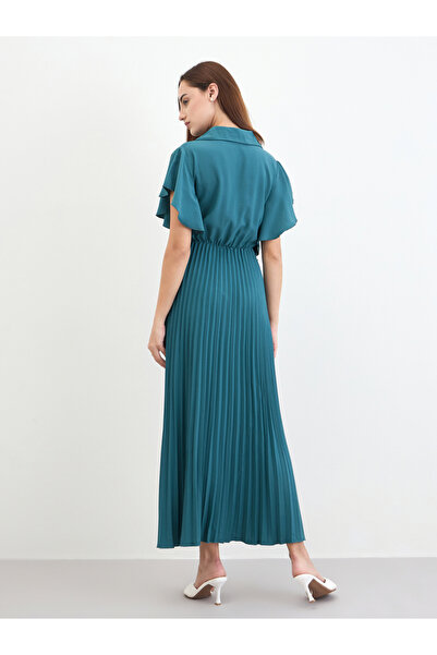 Styli Teal Pleated Maxi Dress with Frill Sleeves