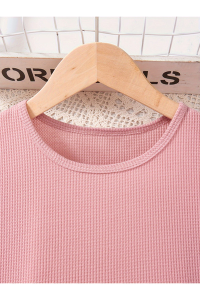 Take Two By Styli Girls Ruffle Hem Textured T-Shirt and Pants Set