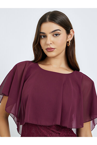 Styli Burgundy Lace Maxi Dress with Cape Sleeves