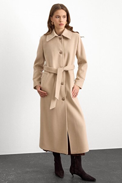 Olcay Shirt Collar Waist-Tied Long Coat Beige 3152