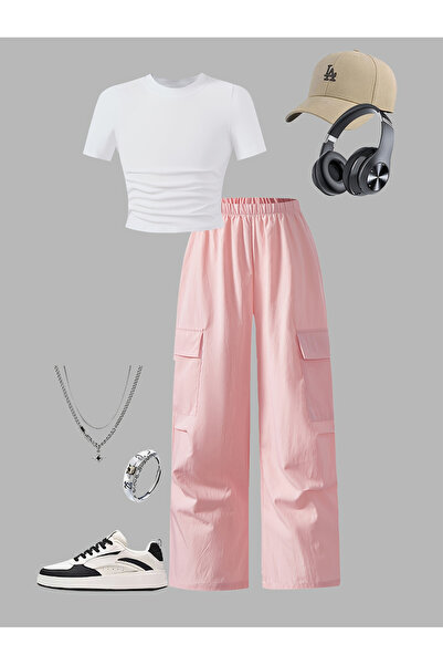 Take Two By Styli Girls Solid Ruching Detail T-Shirt and Cargo Pants Set