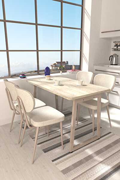 VİLİNZE Deniz Sandalye Biga MDF Sabit Metal Ayak Mutfak Masası Takımı - 70x120 cm