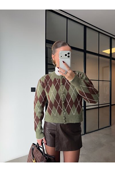 BB Bensu Buyruk Зелено-коричневий кардиган з візерунком пахлави