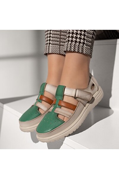 Modlet.ro Μπεζ και πράσινα παπούτσια με παχύ πέλμα και Velcro MOD13320