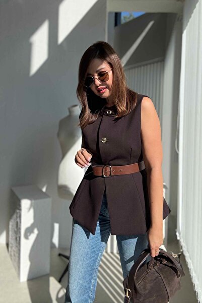 ELVAN TOLON Υφασμάτινο γιλέκο με χρυσά κουμπιά καφέ