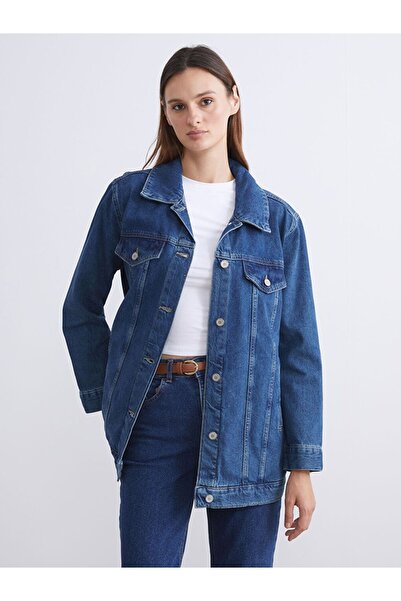 LC Waikiki LCWAIKIKI Classic Mavi Gömlek Yaka Oversize Kadın Jean Ceket