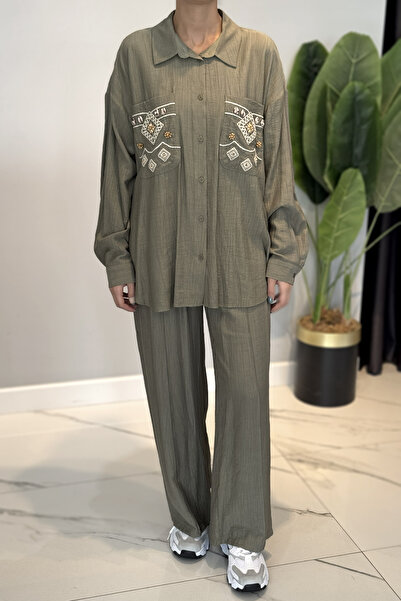 Lale Butik Embroidery and Processing Detailed Suit 34839 Khaki