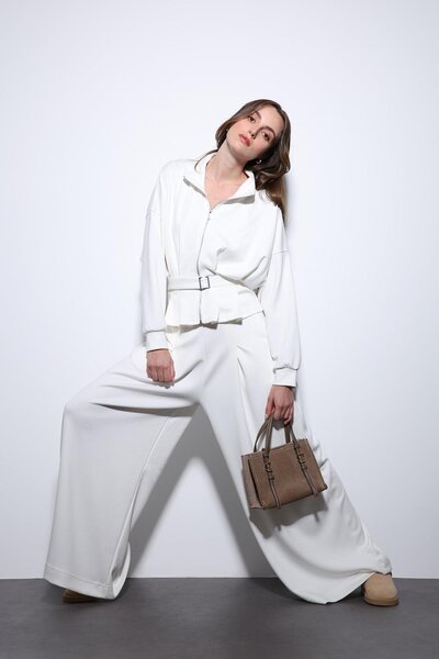 Antioch Ecru Wide Leg Pants Suit with Belt