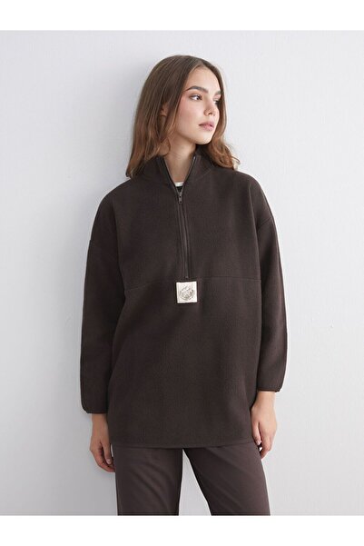 LC Waikiki LCW Modest Dik Yaka Baskılı Polar Kadın Sweatshirt Tunik