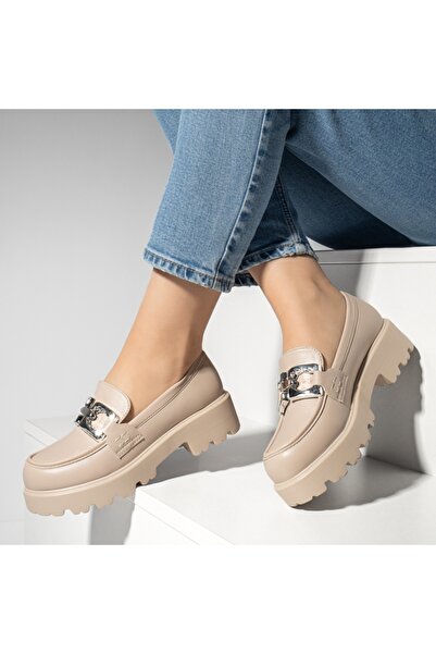 Modlet.ro Pantofi casual bej pentru femei cu talpă groasă și detalii metalice...