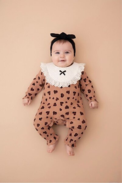 Minigimin Cicileri My Little One's Leopard Heart Patterned Baby Girl Romper - Brown