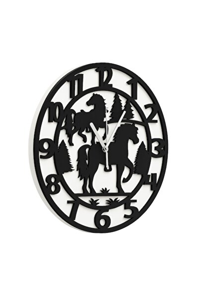 OEM Ceas de perete cu cai - lemn negru/MDF, diametru 30 cm, tăiat cu laser, d...