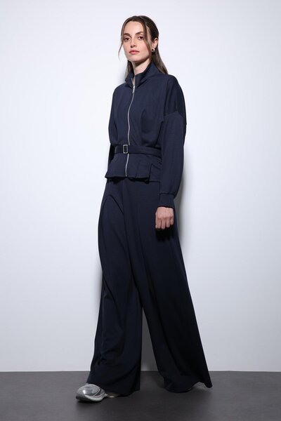 Antioch Navy Blue Waist Belted Wide Leg Pants Suit