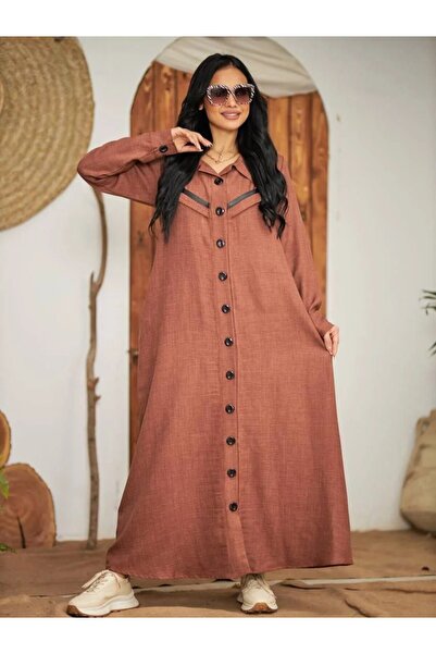 SWAN.AE Dress, Simple, Pockets, Buttons, Leather Trim, Long Bracelet Sleeves, Linen, Casual