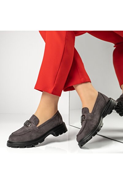 Modlet.ro Women's grey suede casual shoes with metallic details MOD13367