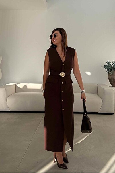 ELVAN TOLON Brown Gold Belted Sleeveless Dress