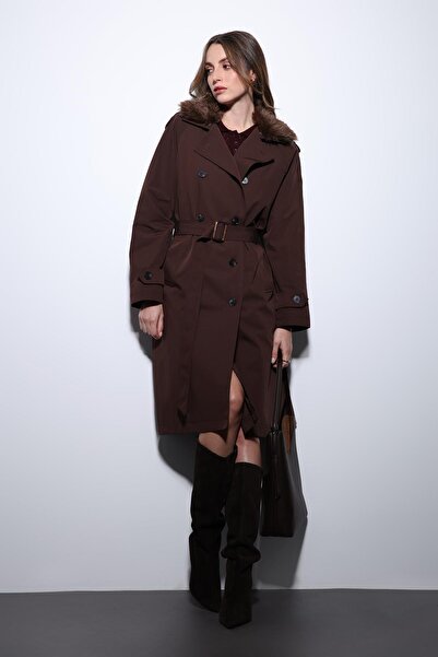 Antioch Brown Faux Fur Collar Women's Trench Coat