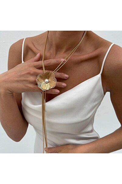 KESNUP Κομψό κολιέ με φιλιγκράν λουλούδι και κεντρικό μαργαριτάρι, για ειδικές εκδηλώσεις, κράμα μετάλλου, Χρυσός