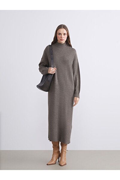 LC Waikiki Lcw Modest Brown High Neck Knitwear Dress