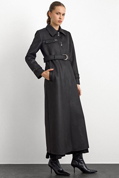Olcay Shirt Collar Snap Fastener and Leather Detail Gabardine Suede Top Coat Black 6799