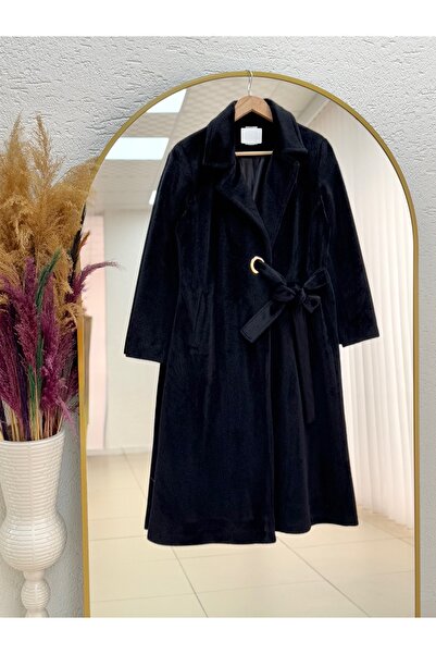 BENAHOLL Cametta Double Breasted Collar Block Belt Transition Coat-Br70025 Black