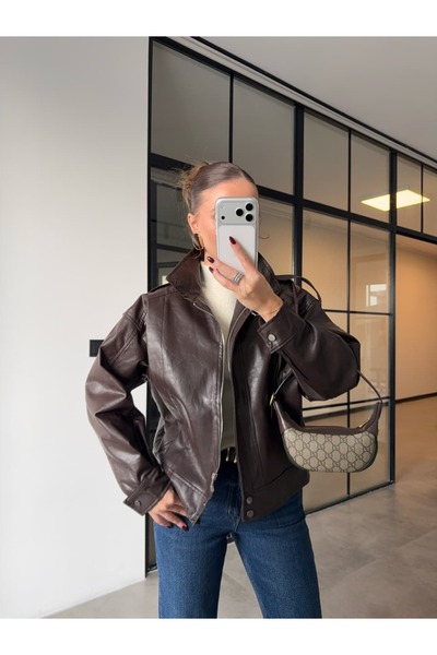 BB Bensu Buyruk Stand-Up Collar Dark Brown Leather Jacket