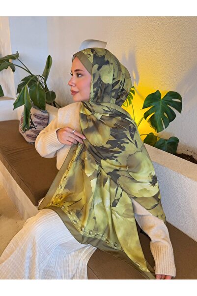 Mira İpek Desenli Pamuk Soft Şal Vera Serisi Yağ Yeşili ps121