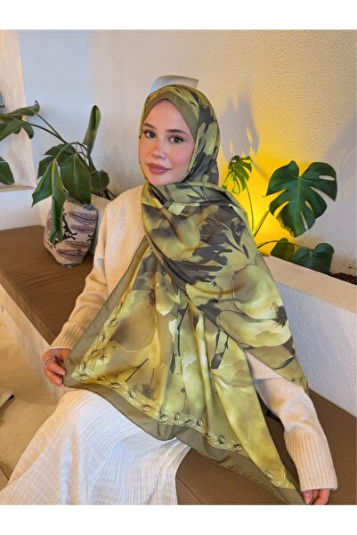 Mira İpek Desenli Pamuk Soft Şal Vera Serisi Yağ Yeşili ps121