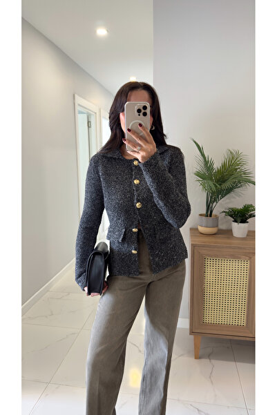 BİRCANÇİL Dlvin Nos Anthracite Gold Buttoned Cardigan with Pocket Detail