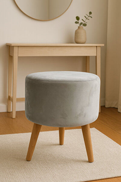 Lunova Home Modern Dekoratif Ahşap Masif Ayaklı Kadife Kırık Beyaz Babyface Puf Bench Tabure Koltuk