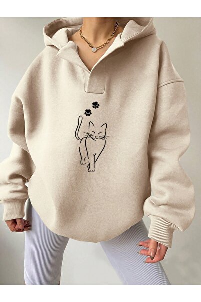 Deocept Unisex Beige V-Neck Hooded Printed Oversize Sweatshirt