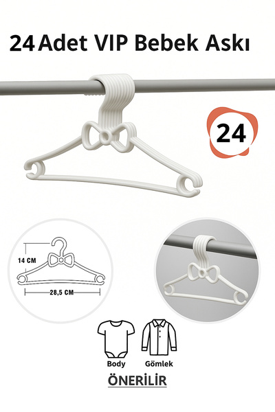 Vip Home Concept Market Ürünleri Umeraș pentru haine pentru bebeluși 24 bucăți cu fundă din plastic alb pentru îmbrăcăminte pentru bebeluși VIP