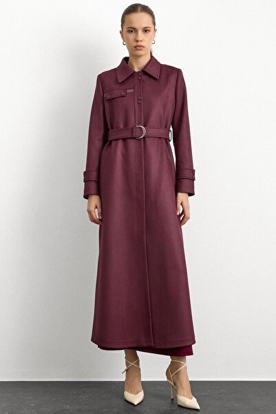 Olcay Shirt Collar Snap Fastener and Leather Detail Gabardine Suede Top Coat Bordo 6799