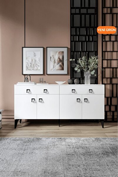 mapahomeliving Elara Konsol – 180 cm Beyaz, Metal Ayaklı 4 Kapaklı 2 Çekmecel...