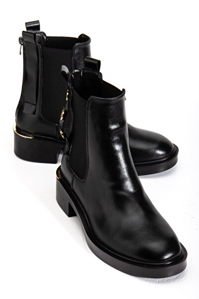 RİSSOLİ Γυναικείες μαύρες γυαλιστερές μπότες με χρυσό καρφί και λεπτομέρεια τακούνι με ελαστικό πλάι