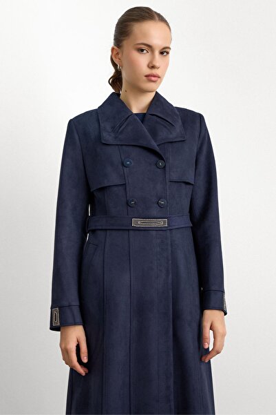Olcay Handkerchief Collar Stone Detailed Suede Look Overcoat Dark Blue 6794