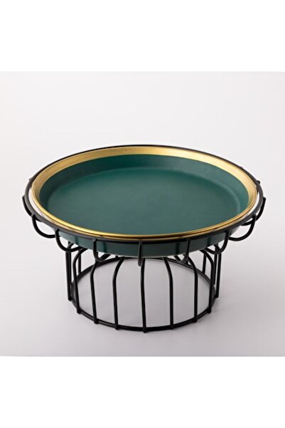 Malooki Matte green and gold fruit or cake platter with black stand, 22 cm