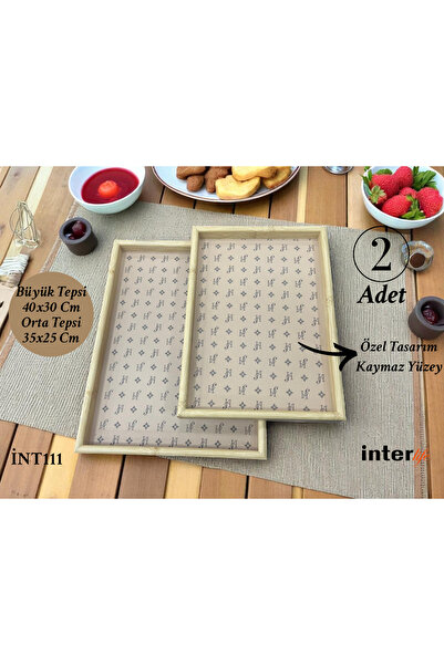 İnterlife 2-Piece Bamboo Tray Tea Tray Luxurious Patterned Serving Tray Decorative Presentation Tray