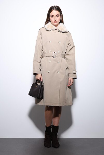 Antioch Beige Faux Fur Collar Women's Trench Coat