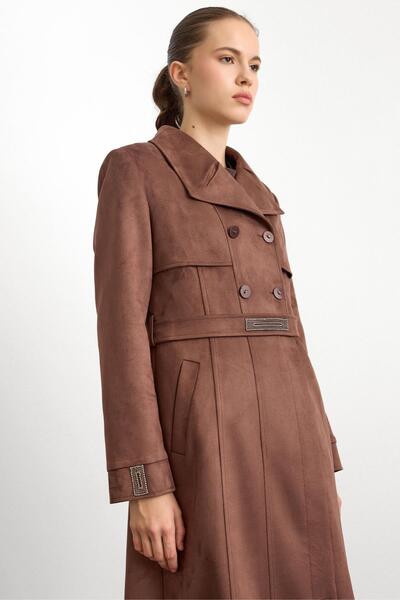 Olcay Handkerchief Collar Stone Detailed Suede Look Overcoat Brown 6794