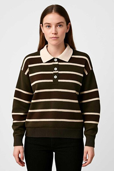 MOONBULL kadın çizgili polo yaka kışlık kazak