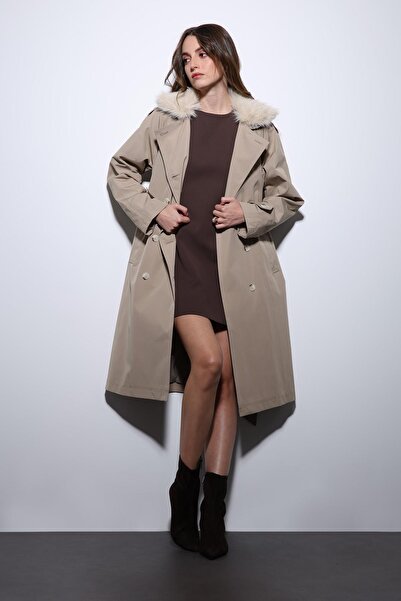 Antioch Beige Faux Fur Collar Women's Trench Coat