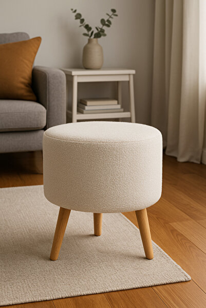 Lunova Home Modern Dekoratif Ahşap Masif Ayaklı Beyaz Teddy Puf Bench Tabure Koltuk