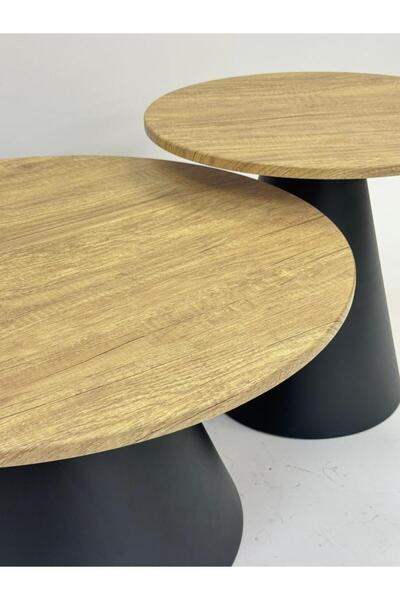 Living Set of 2 round tables, beige wood with a black metal base, modern design