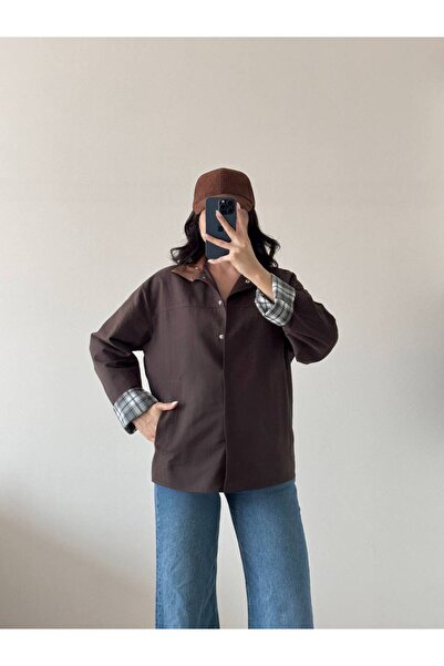 LOCH BUTİK سترة جلدية نسائية بنية اللون بأكمام طويلة وياقة كبس