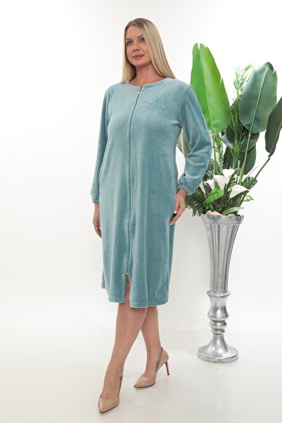 STELLETO Women's Stone Handle Lace Stone Detailed Zippered Plus Size Velvet Dress