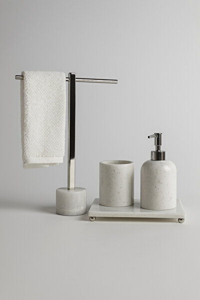 DMR HOME طقم حمام من الرخام الطبيعي - حامل مناشف وحامل صابون سائل وحامل فرشاة...