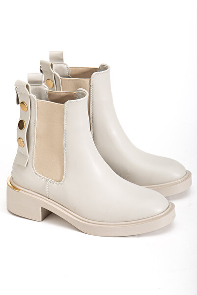 RİSSOLİ Γυναικείες μπότες με μπεζ δέρμα με χρυσό καρφωτό και λεπτομερές λάστιχο στο πλάι